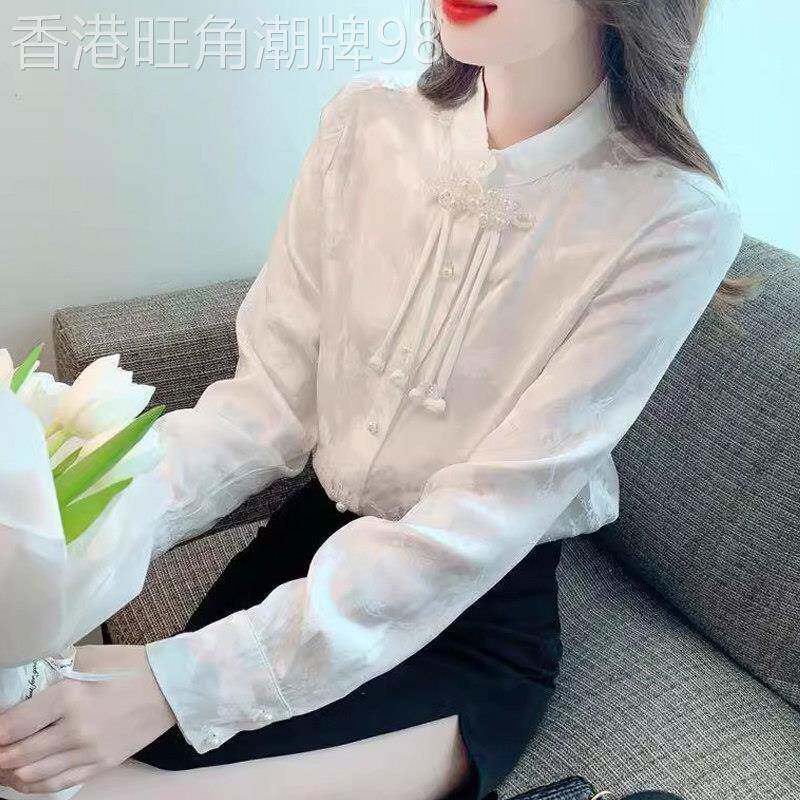国风长袖上衣女春秋高级感新中式雪纺衬衫一体绒宽松显瘦加厚衬衫