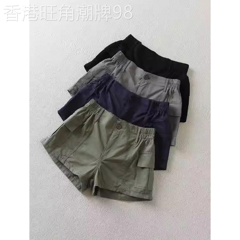 军绿色复古高腰工装短裤女夏季欧货时尚半松紧腰修身百搭休闲裤子