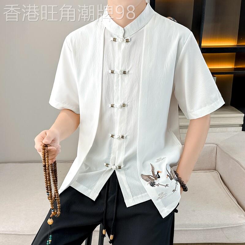 潮牌高级感衬衫男夏季薄款透气假两件宽松五分袖帅气男士短袖衬衣