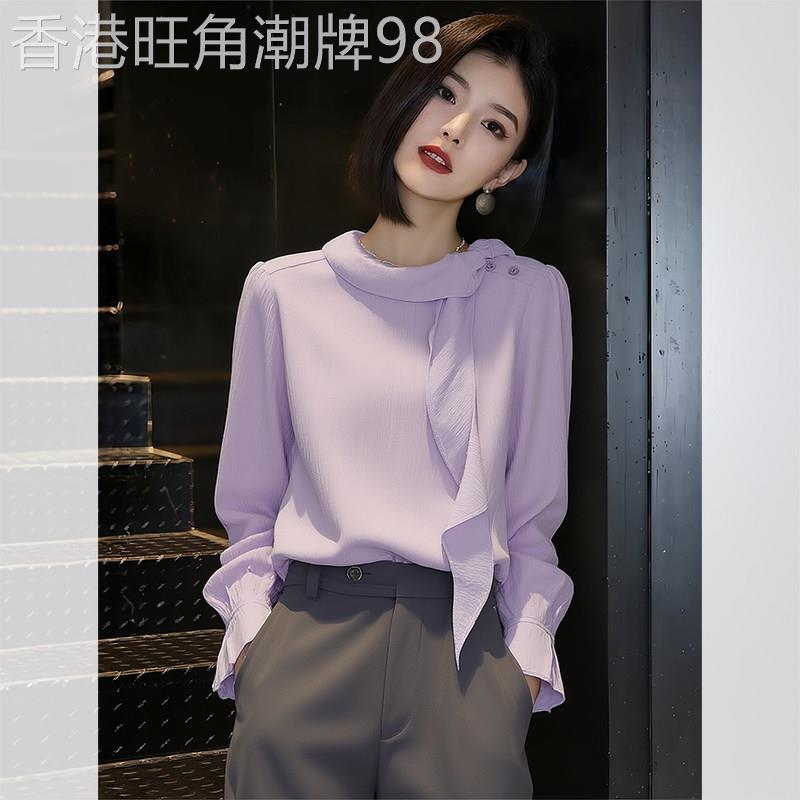 洋派休闲紫色飘带衬衫2026春夏新款女高级感宽松上衣百搭显瘦衬衫