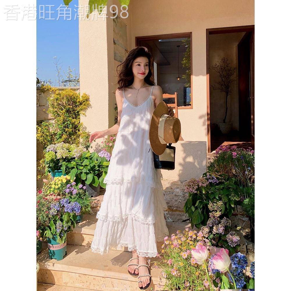 香港仙女白色连衣裙海边度假沙滩裙高级感遮肚子减龄吊带长裙夏季