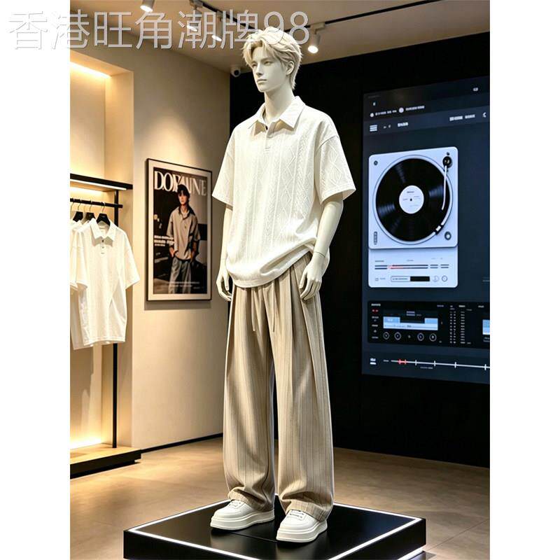 轻奢高端老钱风针织polo衫短袖套装男夏季重磅T恤冰丝裤子两件套