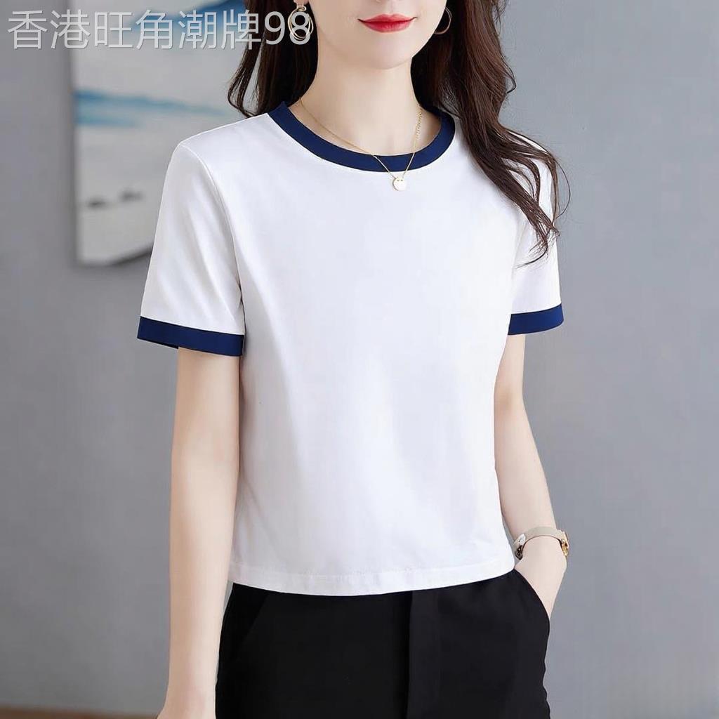 纯棉白色短袖T恤女夏季2026新款小个子撞色短款洋派减龄正肩上衣