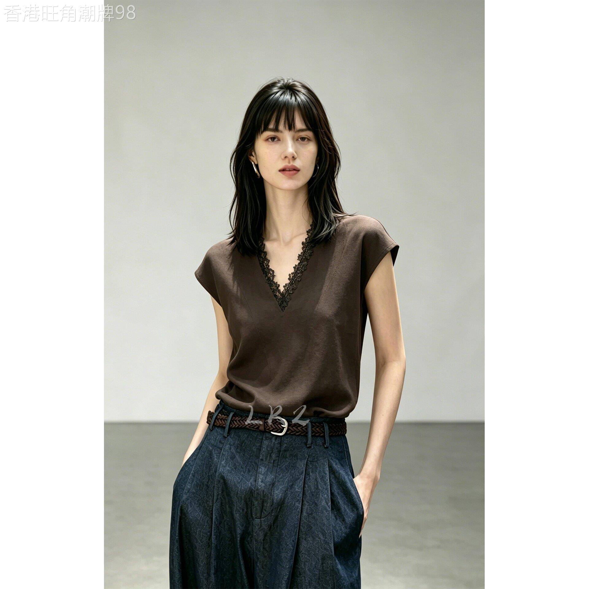 欧货高级感V领蕾丝包邉盖肩短袖设计深棕色T恤休闲气质显瘦上衣