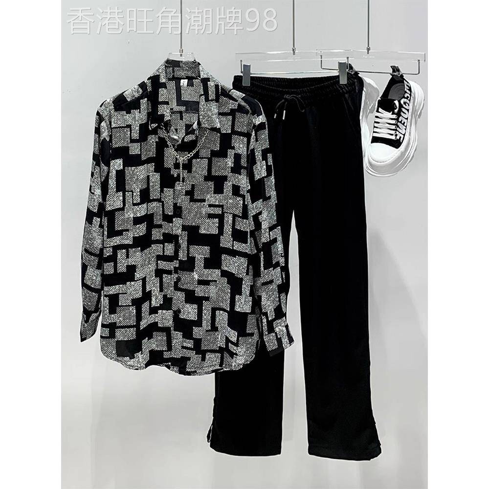 MUSONMU轻奢长袖衬衫男格子时尚印花宽松休闲衬衣潮牌发型师上衣