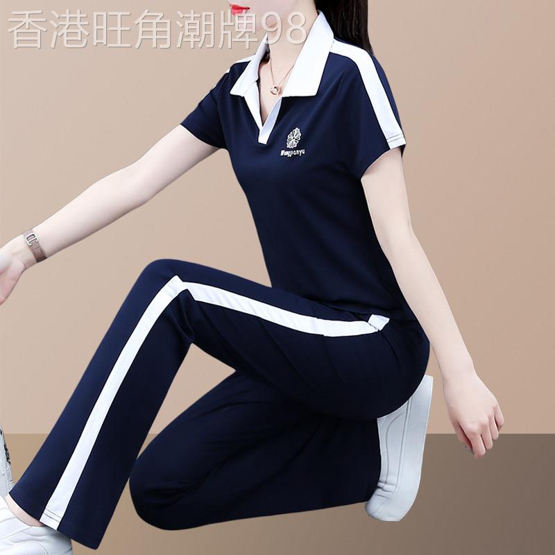 冰丝薄款休闲 运动套装女2025新款polo领短袖夏装长裤跑步服两件