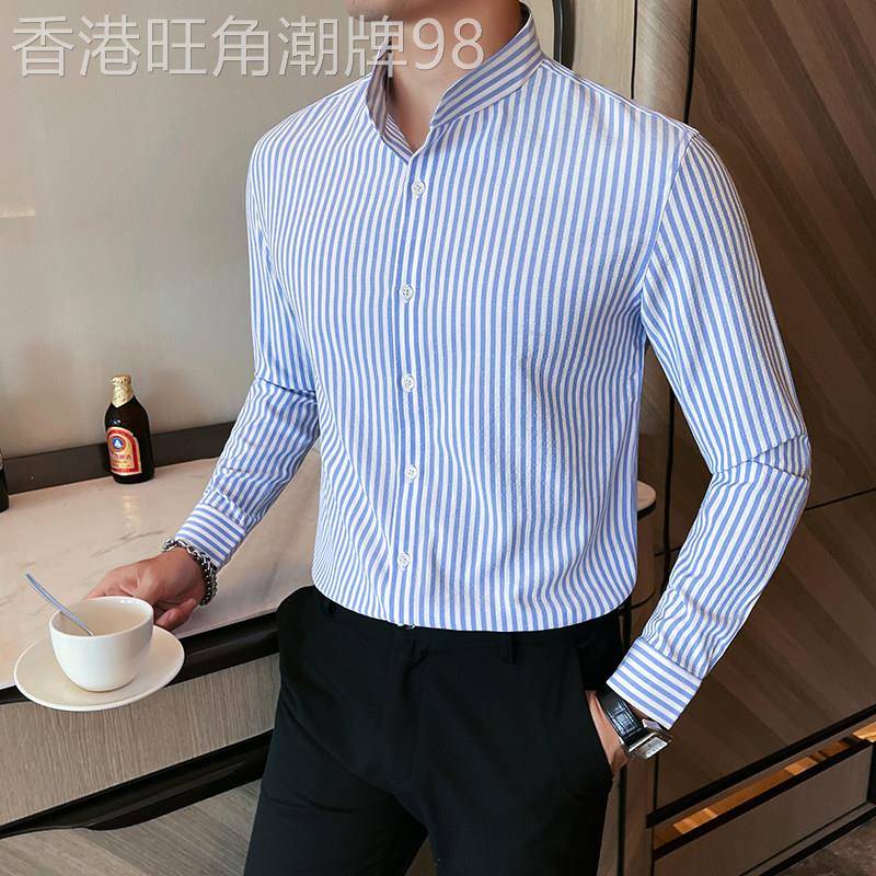 高端修身条纹长袖衬衫男休闲免熨烫抗皱立领衬衫春季高级感职业上