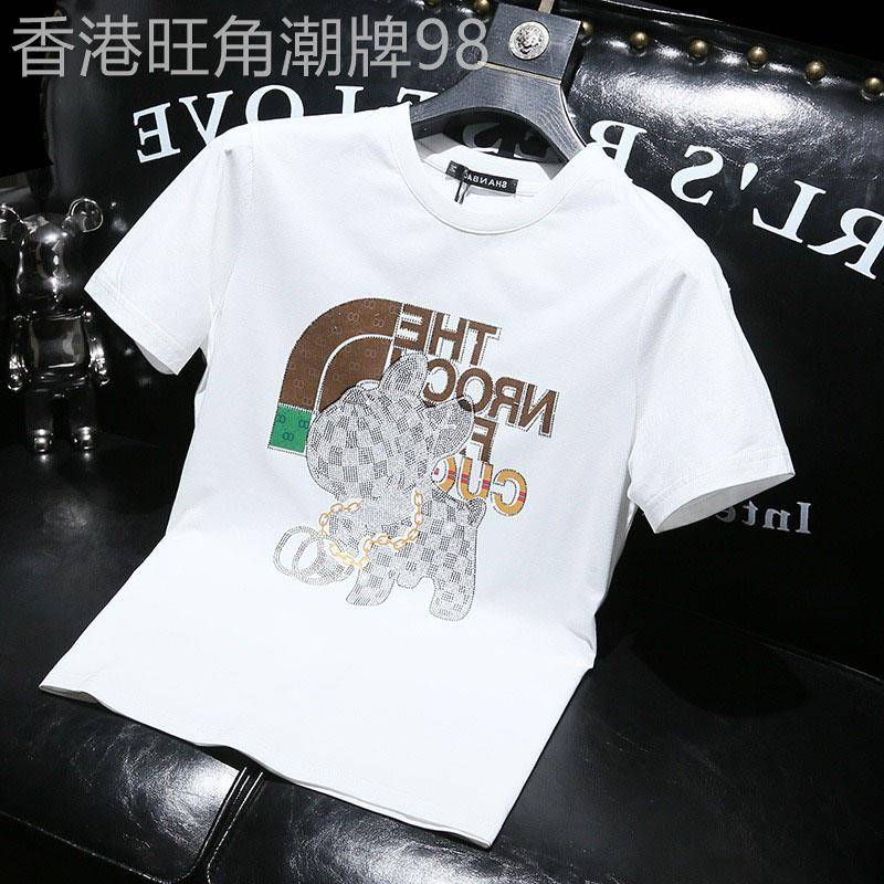 欧洲站~轻奢风!t恤男2025新款夏装烫钻短袖体恤韩版修身纯棉休闲