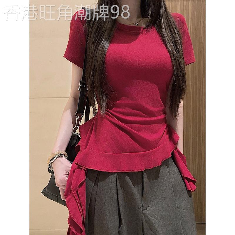 荷叶边收腰正肩短袖t恤女2026夏季穿搭大尺码胖mm不规则设计感上