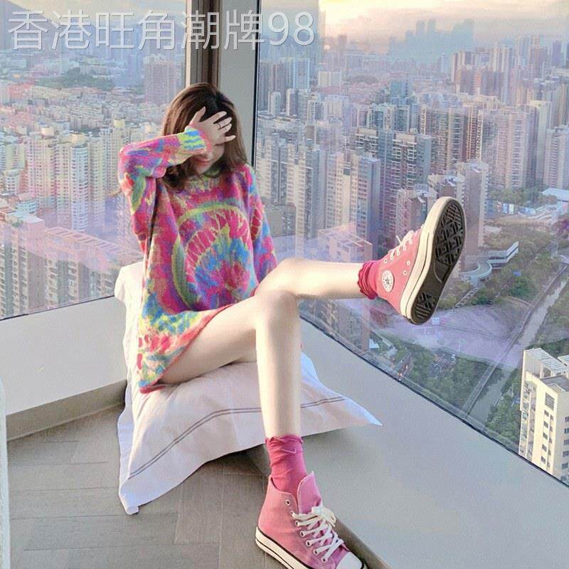 彩色扎染针织衫女春秋装深圳欧货大版休闲套头慵懒中长款彩虹毛衣