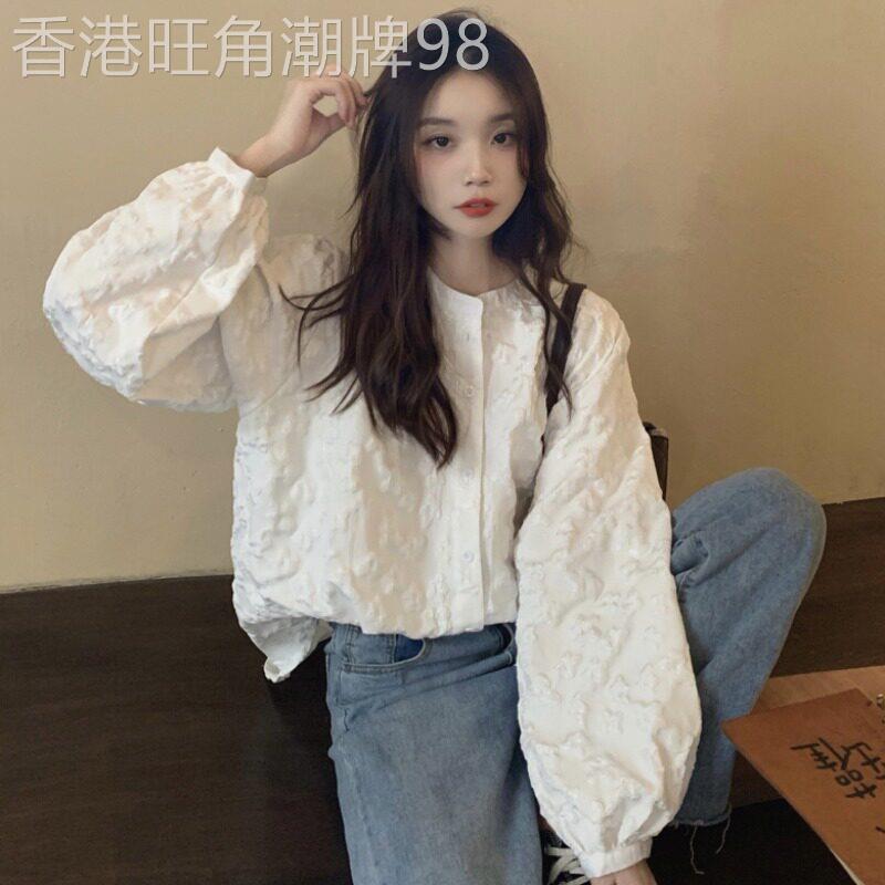 白色法式甜美刺绣立领衬衫女2025年春秋宽松设计感别致泡泡袖上衣