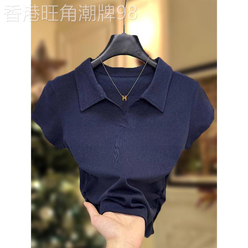宝蓝色POLO领正肩短袖T恤女2026春季新款高级感收腰显瘦短款上衣