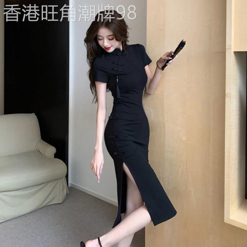 新中式覆古盘扣旗袍洋装女夏季欧货高开叉小黑裙收腰包臀长裙子