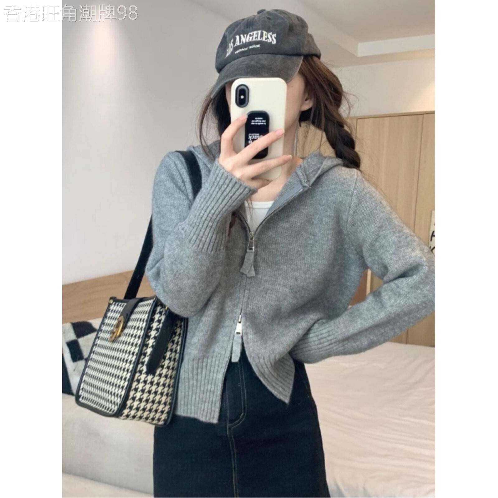 灰色拉链外套连帽针织开衫女秋冬ins韩版洋气内搭短款毛衣打底衫