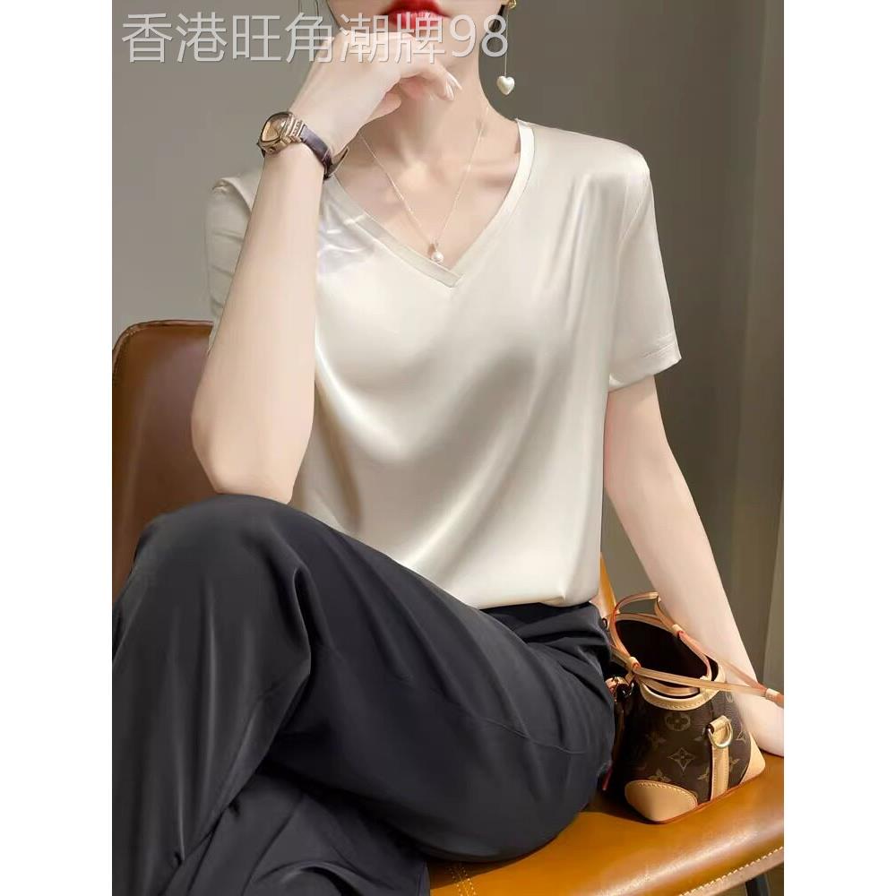 时尚品牌醋酸短袖t恤的妇女在夏天圆V领简单的半袖优雅的缎面内装