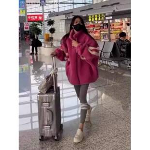 玫红色羊羔毛卫衣外套女士春秋季欧货高端奶系穿搭高级小个子上衣