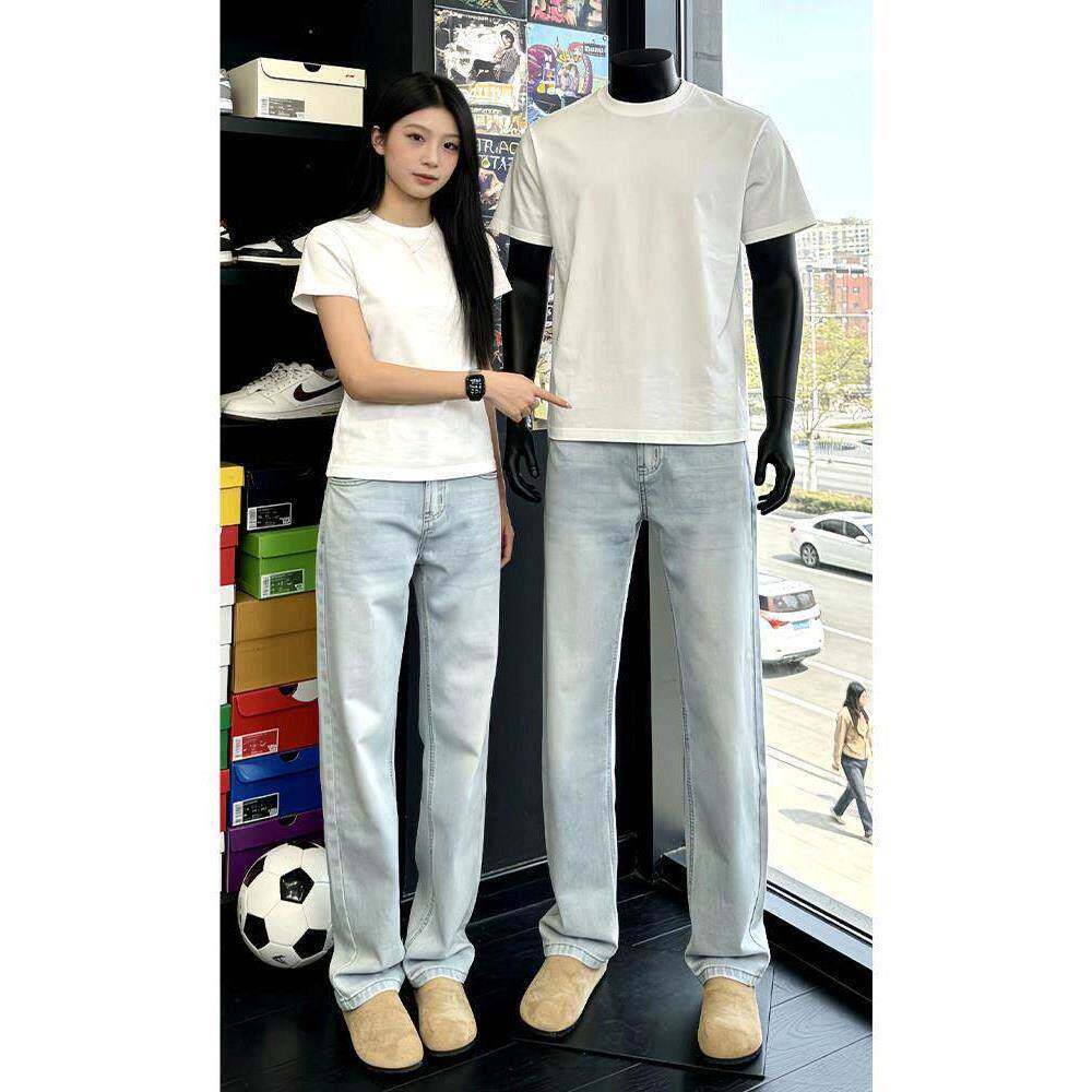 潮牌高级感浅蓝色修身薄款牛仔裤男夏季美式提档显腿长微喇直筒裤