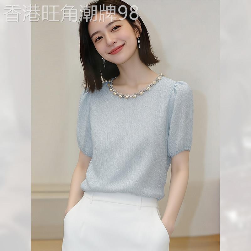 高端别致显瘦珍珠领短袖衬衫女夏季2026年新款绝美上衣小个子百搭