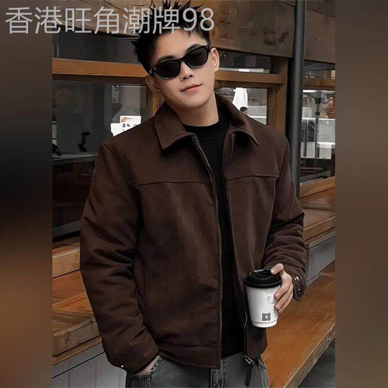 美式荒野复古短款仿麂皮外套男款潮牌痞帅高级感正肩夹克
