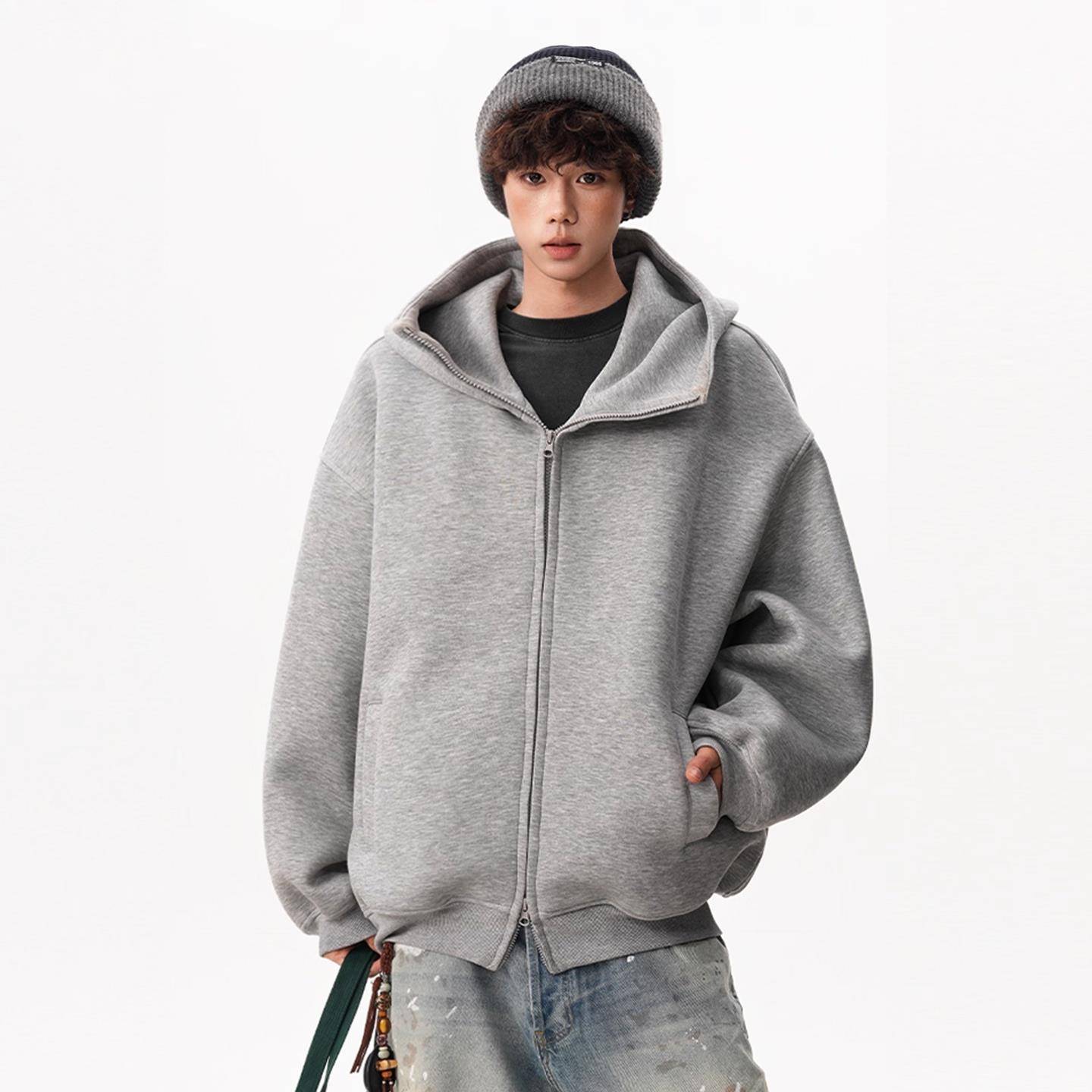 潮牌美式加绒加厚太空棉连帽卫衣男女重磅宽松双拉链开衫情侣外套