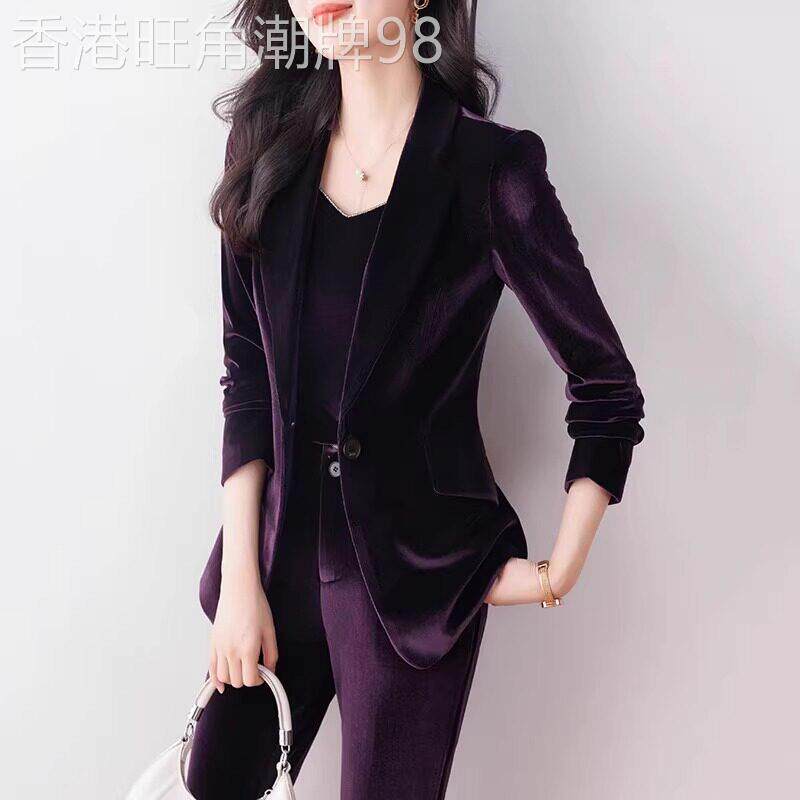 金丝绒西装套装女秋冬2026新款修身显瘦气质高级感休闲时尚两件套
