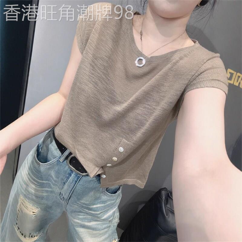 冰丝针织短袖t恤女2026夏季新款韩版不规则钮扣设计感短款上衣女