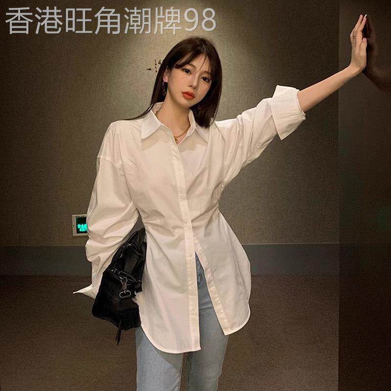 白色收腰衬衫女春秋款欧货别致纯欲长版显瘦叠穿衬衣外套气质上衣