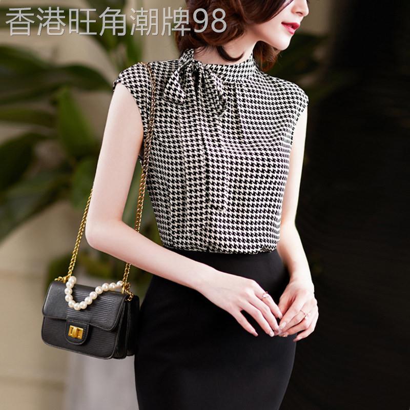 千鸟格雪纺衫女短袖夏季2026新款飘带气质时尚短衬衫设计感无袖上