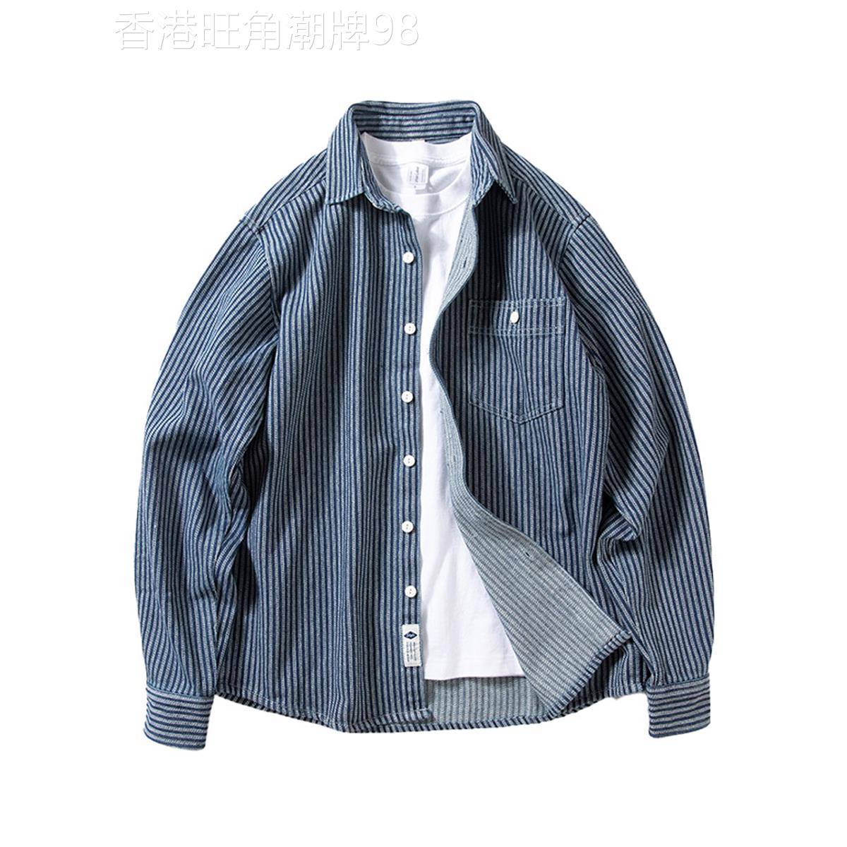 MUSONMU牛仔衬衫男春秋款纯棉美式休闲覆古宽松竖条纹长袖衬衣男