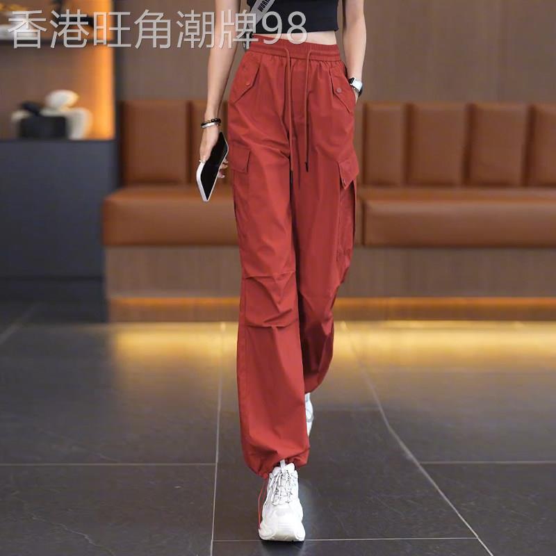 红色美式工装裤女夏季薄款直筒裤2025新款高腰宽松阔腿速干休闲裤