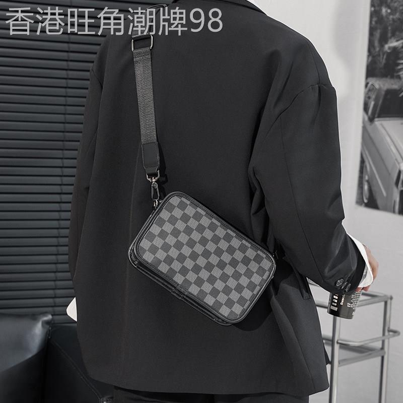 香港潮牌韩版男真皮格子时尚手机包街头小挎包青年揹包单肩斜挎包