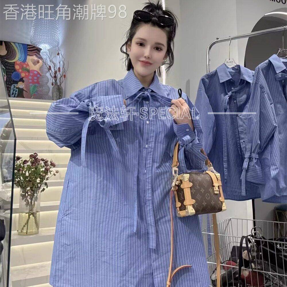 【现货】条纹衬衫女长袖2025新款翻领蝴蝶结中长版宽松欧货上衣q