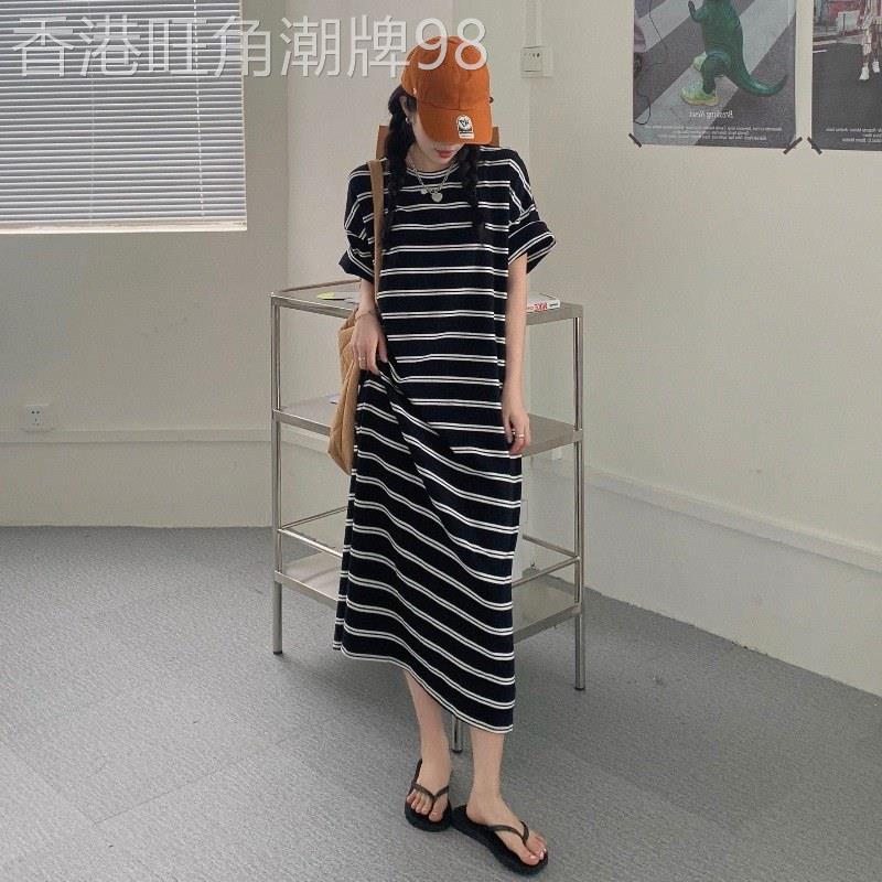 条纹洋装女夏季2026韩国复古宽松显瘦休闲长版过膝开叉T恤裙子