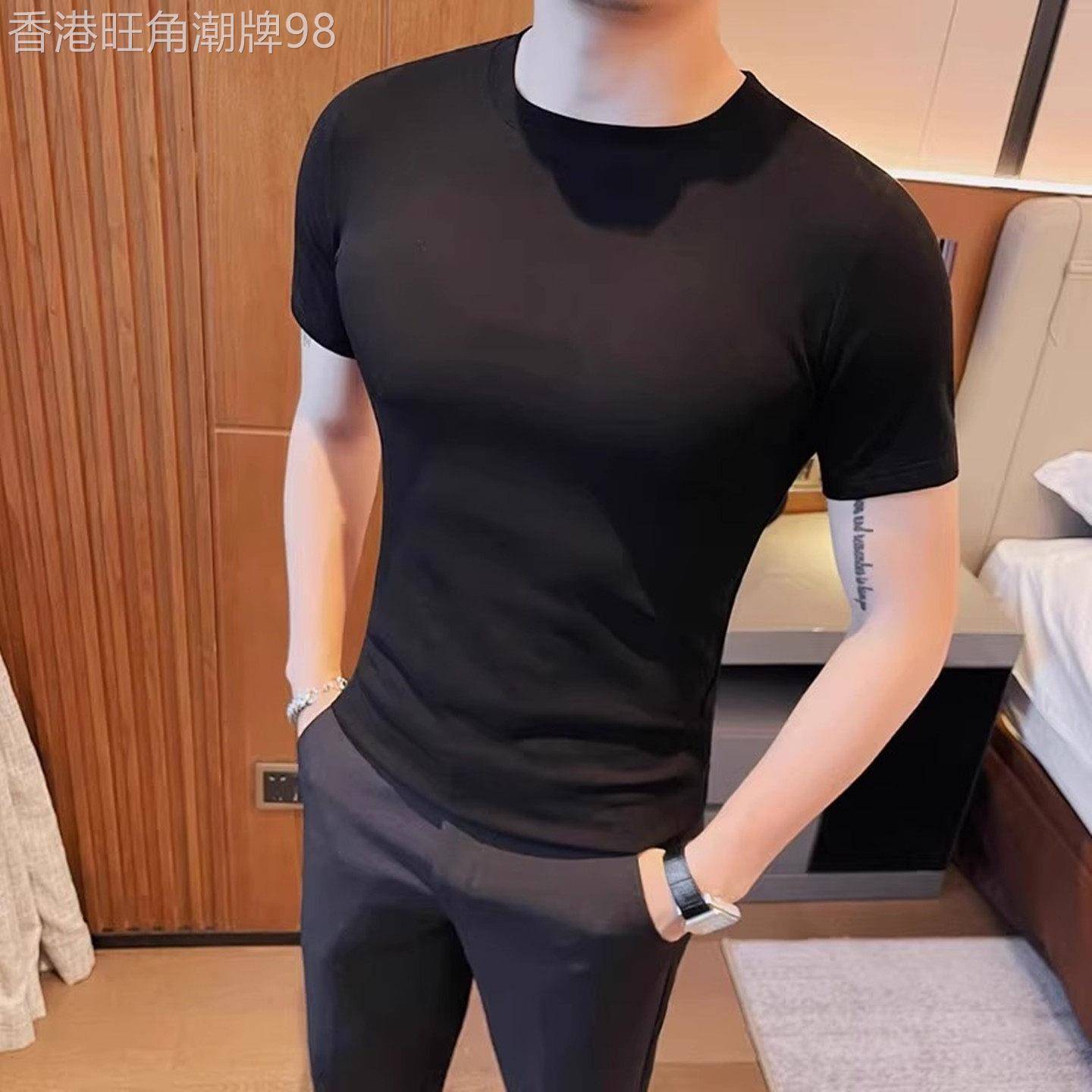 圆领短袖t恤男士夏季新款纯色修身百搭纯棉打底衫黑色紧身上衣男