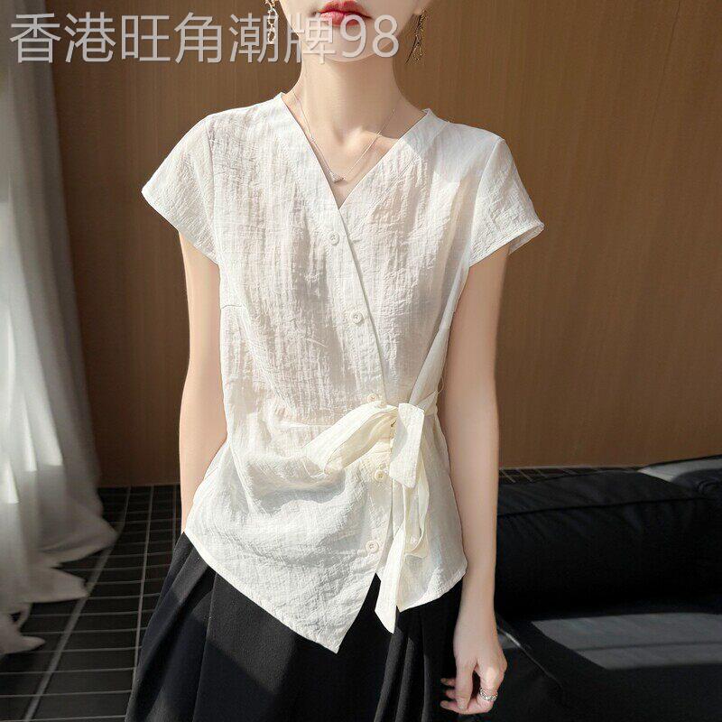 系带收腰夏季不规则V领薄款休闲显瘦上衣女t恤短袖透气衬衫设计感