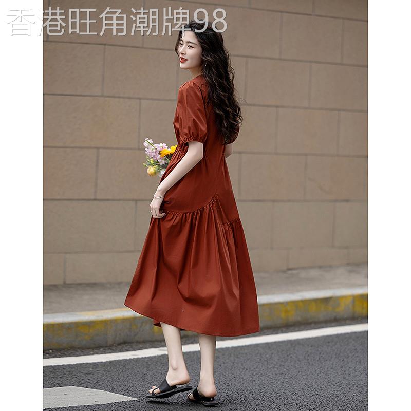 【100%棉】法式复古收腰连衣裙女25夏新款圆领泡泡袖中长款A字裙