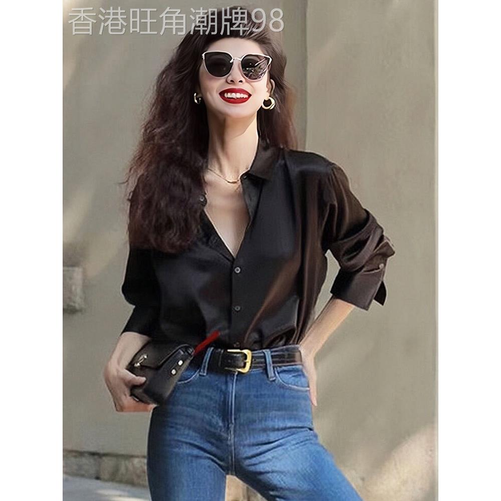 2025早秋新款黑色衬衫设计感高级时尚洋气法式缎面衬衣女士小个子
