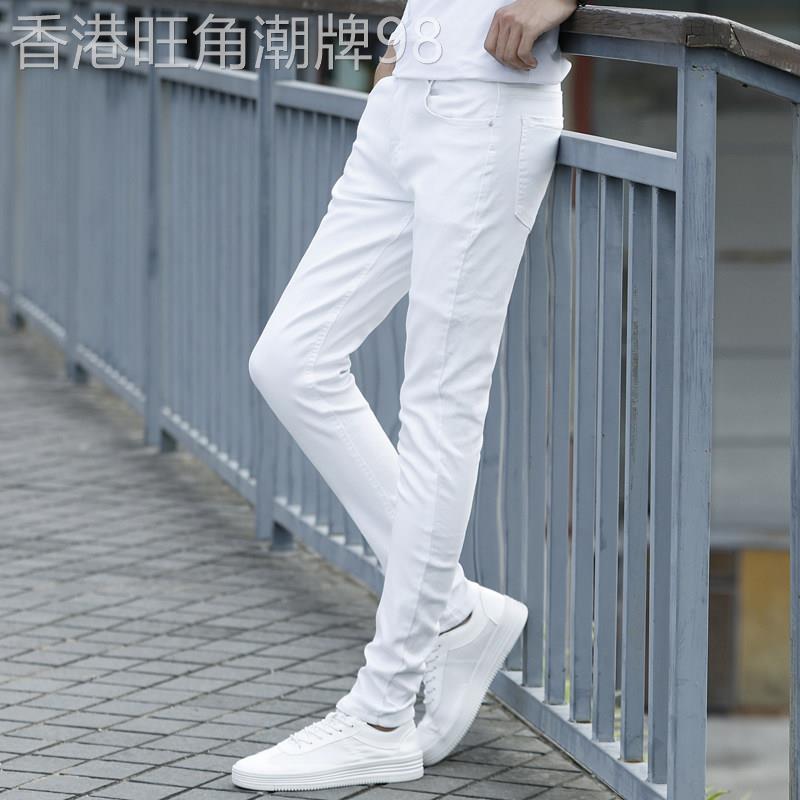 MVMEPUK牧朋男士修身白色牛仔裤 弹力小脚破洞九分裤 潮流春秋休