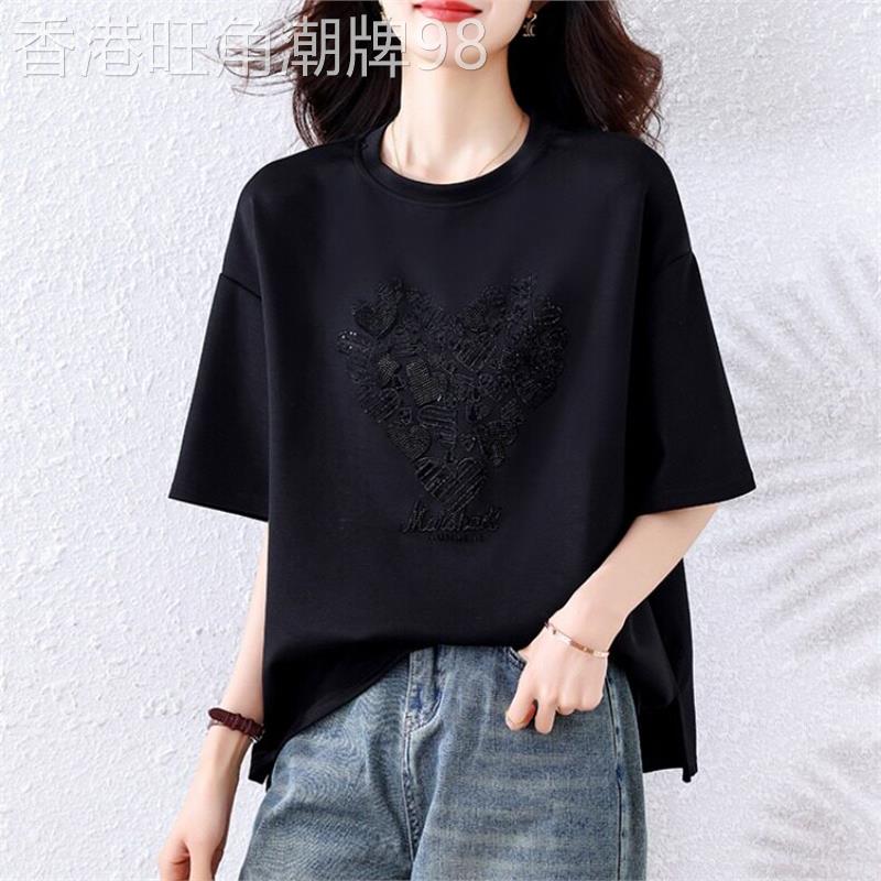 韩国黑色短袖t恤女士2026夏季时尚洋气休闲显瘦重工烫钻正肩上衣