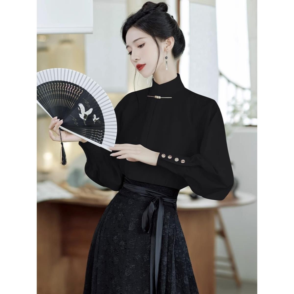 新中式简约立领衬衫配马面裙汉元素上衣套装国风覆古半身裙两件套