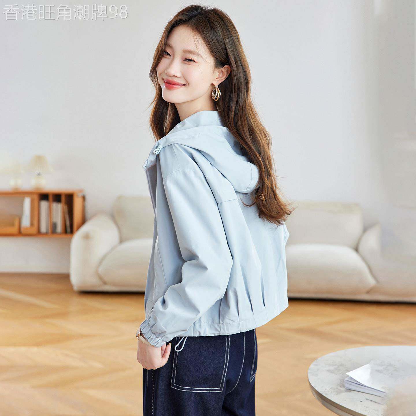 韩国2026春秋季休闲时尚纯色连帽夹克开衫女宽松百搭短款风衣外套