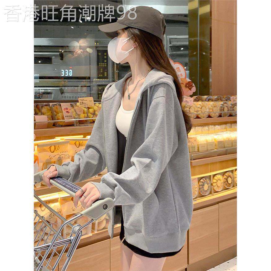 外套女春秋冬2026新款今年流行爆款宽松显瘦连帽卫衣灰色开衫上衣