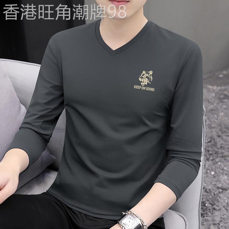 高端长袖t恤男士2025秋季新款修身v领打底衫痞帅老虎印花内搭上衣