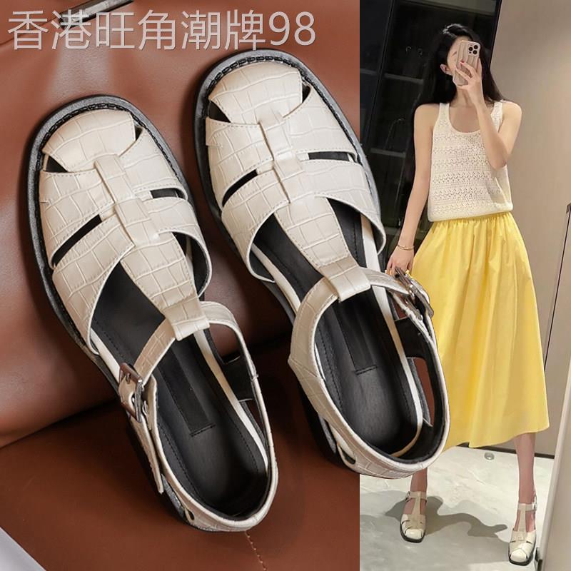 香港真皮复古镂空罗马鞋女2026夏低跟平底编织猪笼鞋休闲包头凉鞋