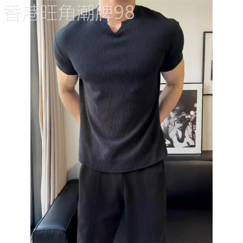 轻奢黑色肌理感收袖口短袖男款2026夏季美式小v领t恤运动休闲半袖