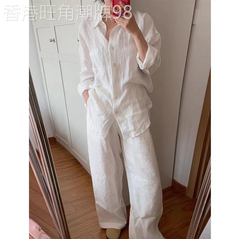 ROUJE NAIVE白色棉麻套装女2026春夏新款简约休闲衬衫长裤两件套