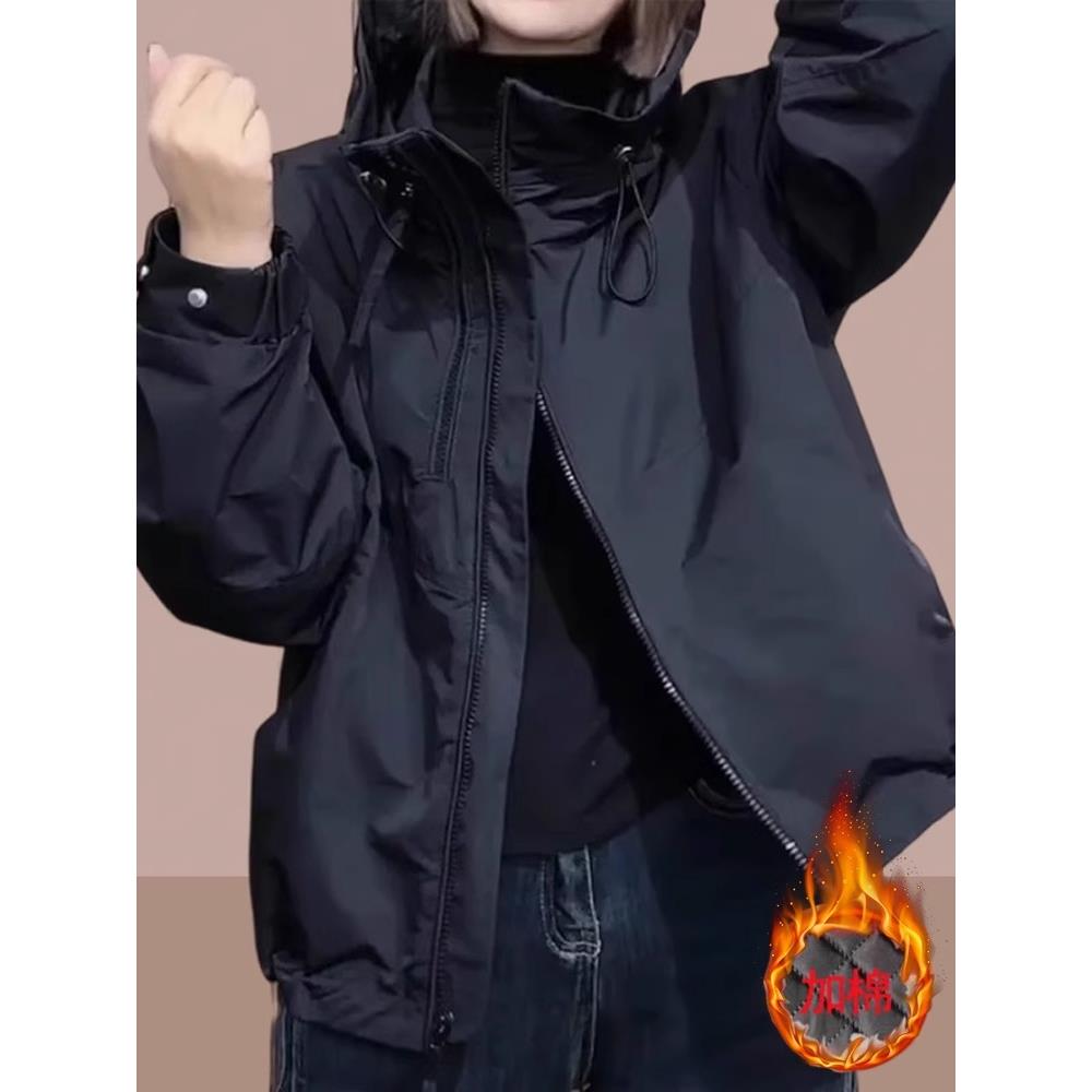 女士短外套加绒加厚爆款冲锋衣2025秋冬季新款小个子大码女装棉服