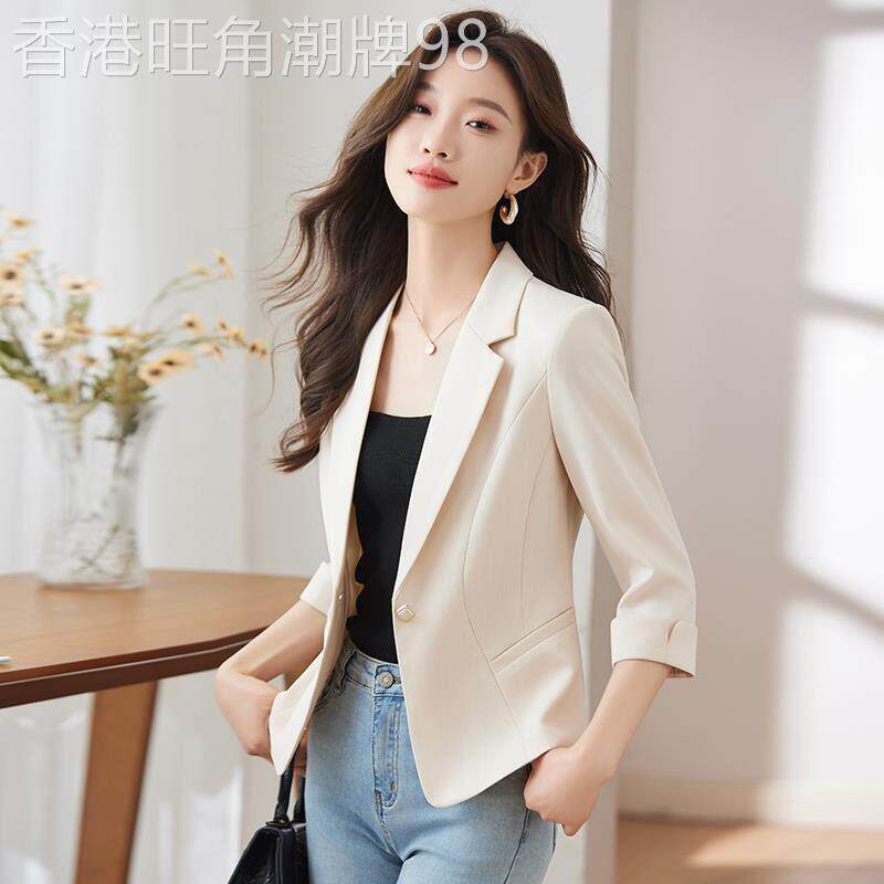 米色西装外套女七分袖上衣早秋薄款修身气质短款小个子休闲小西服