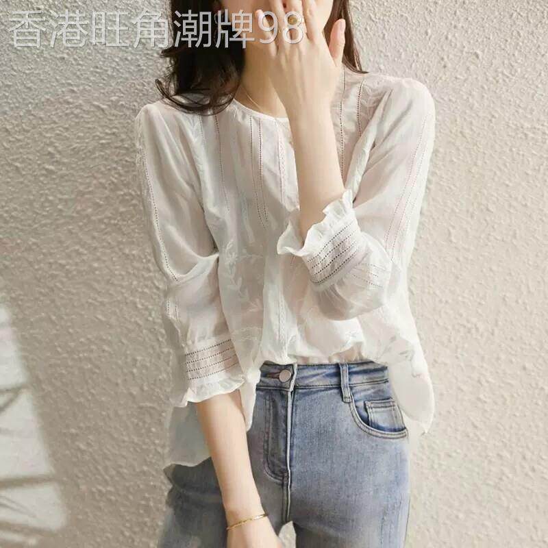 欧洲站白色棉麻衬衫女高级感轻奢2026夏新款薄绣花设计感宽松小衫