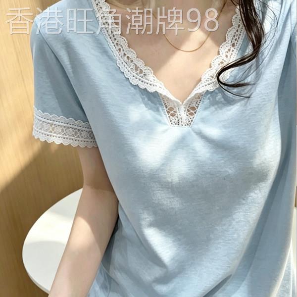 V领镂空蕾丝边蓝色短袖T恤女2026夏季新款欧货宽松设计感百搭上衣